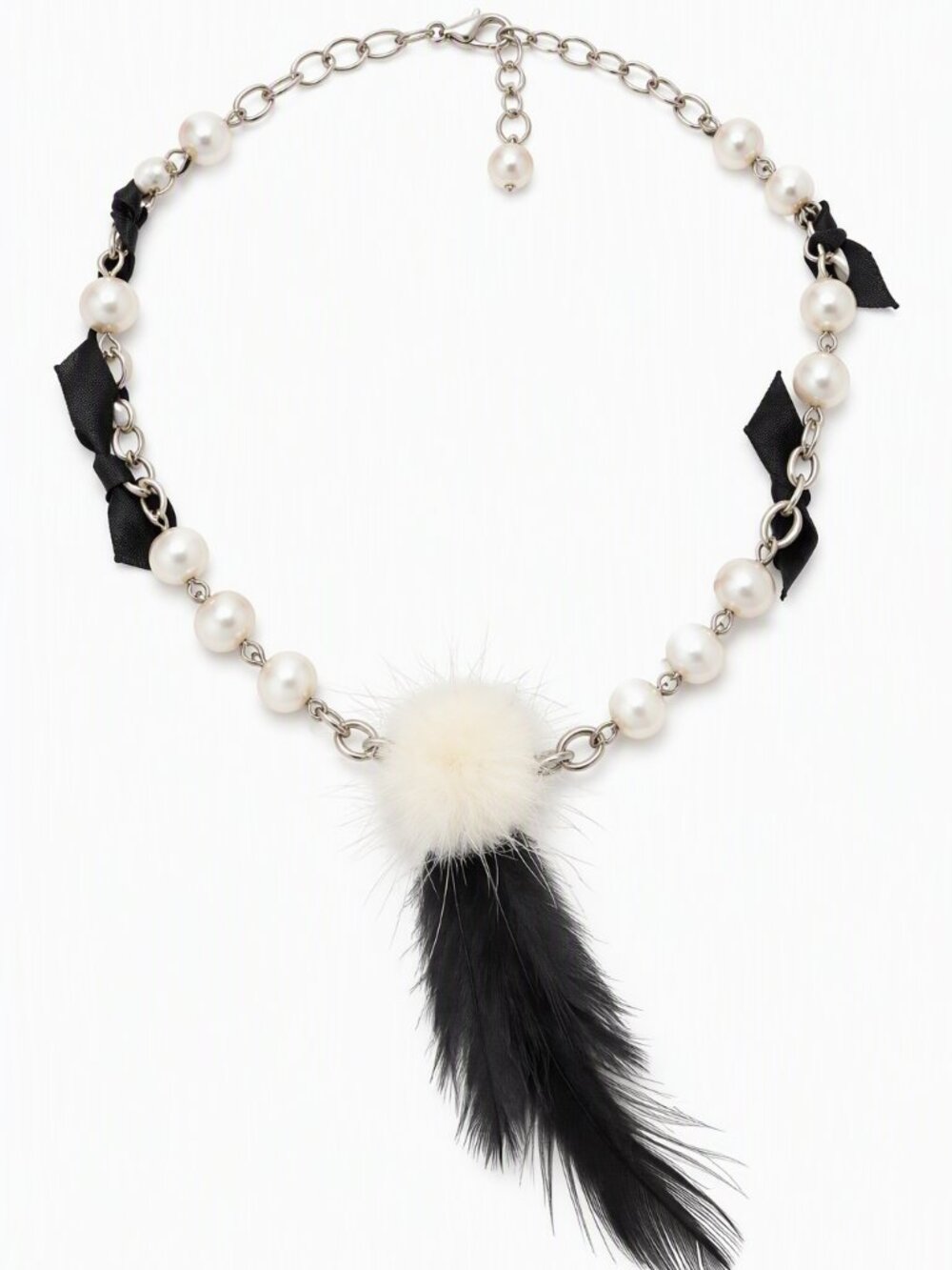 Lolita Pearl Chain Necklace w/ Faux Fur Pom, Feather & Bows – 18” Statement